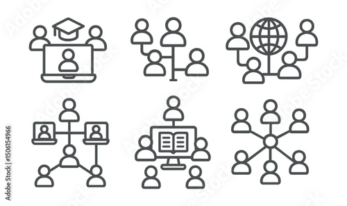 Line style icons of online education: online network icon, peer learning web, connection between students, global learning grid, class node map, remote group icon, social graph in class