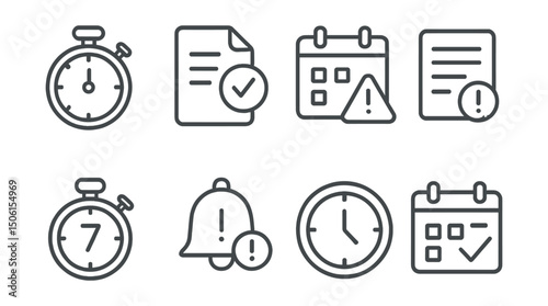 Line style icons of online education: countdown clock icon, assignment due badge, deadline calendar alert, red task warning, project countdown symbol, urgent task icon, submission time badge
