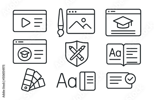 Line style icons of online education: branding for courses, custom theme icon, branded header layout, logo in lesson page, design your school badge, color identity palette, font and UI branding