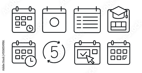 Line style icons of online education: calendar event icon, class date mark, weekly schedule page, study calendar badge, lesson time block, exam countdown icon, booking for session, calendar with task.