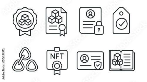 Line style icons of online education: blockchain record badge, smart contract certificate, immutable credentials icon, verified course tag, chain of trust symbol, NFT for grades icon, secure