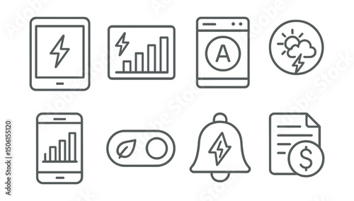 Line style icons of smart devices and IoT: energy monitor icon, power usage chart, appliance efficiency score, electricity forecast badge, energy history screen, savings mode toggle, high usage alert