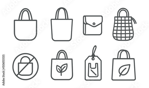 Line style icons of eco-friendly lifestyle: reusable bag icon, cloth shopping tote, foldable grocery bag, mesh produce sack, zero-waste bag badge, bag with leaf symbol, “no plastic” bag tag