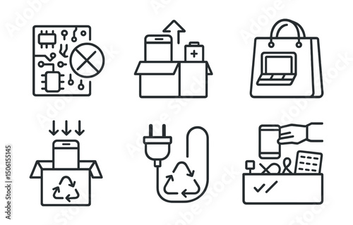 Line style icons of eco-friendly lifestyle: electronic waste symbol, e-waste drop-off icon, battery disposal bin, tech recycling bag, old phone box icon, recycle charger symbol, sort tech waste