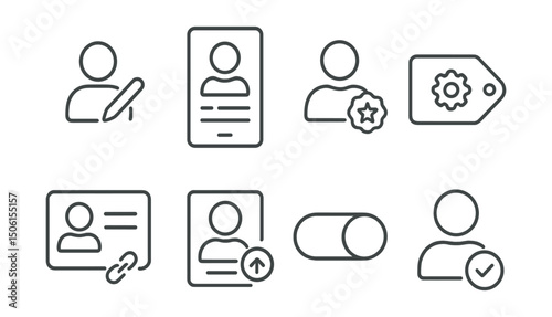 Line style icons of remote work: profile edit icon, profile details screen, bio with experience badge, skills section tag, user card with links, avatar upload tool, visibility toggle button