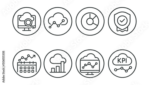 Line style icons of cloud performance: performance analytics icon, cloud with trend line, insights dashboard ring, efficiency report badge, daily performance icon, usage stats icon, productivity