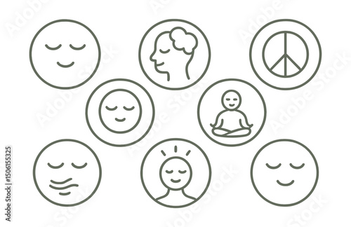 Line style icons of mental well-being: calm face icon, relaxed mind symbol, peace inside circle, gentle breath badge, serenity glow icon, mindful presence ring, inner balance icon, peaceful