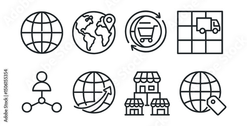 Line style icons of e-commerce: global network icon, customer geography map, cross-border selling badge, delivery zone grid, supplier connection node, international logistics path