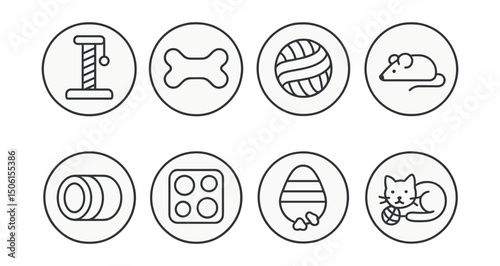 Line style icons of pets at home: cat scratcher icon, chew toy badge, rope ball in circle, toy mouse icon, play tunnel ring, enrichment puzzle toy, treat dispenser, play and rest symbol. Circular