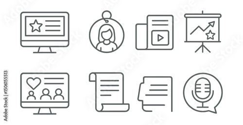 Line style icons of entertainment and media: entertainment blog post icon, content creator tag, article + video combo, trending story board, fan blog feed screen, long scroll symbol, creator