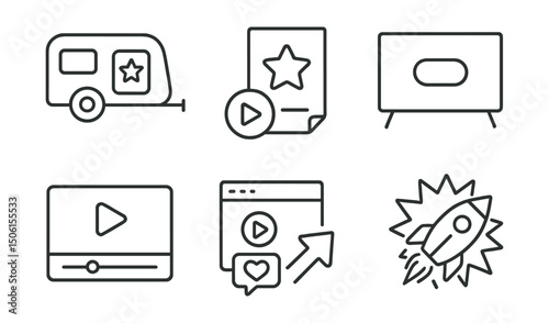 Line style icons of entertainment and media: show trailer icon, preview video badge, teaser poster symbol, coming soon screen, trailer duration slider, reaction trailer panel, early access promo