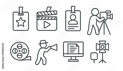 Line style icons of entertainment and media: backstage pass icon, behind the scenes clip, production room badge, crew filming icon, raw footage reel, director in action, script rehearsal screen