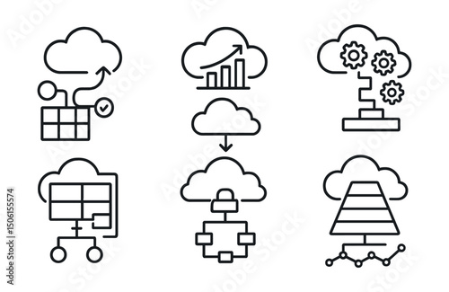 Line style icons of cloud computing: strategic roadmap icon, long-term growth plan, cloud infrastructure steps, rollout milestone board, architecture strategy layout, tech planning flow