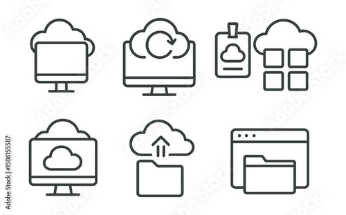 Line style icons of cloud computing: desktop access to cloud, workstation with sync, remote desktop badge, open apps in cloud, cloud-enabled desktop screen, browser file manager icon, drag to cloud 