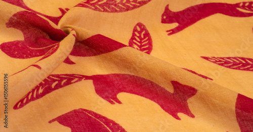Canvas Print Texture, background, cotton fabric thin yellow with a print of squirrels, martens, sables