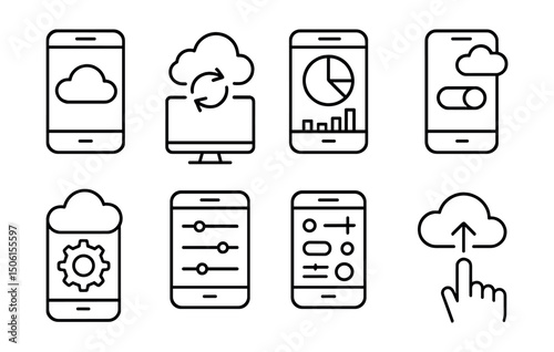Line style icons of cloud computing: cloud app on mobile, device with data sync, dashboard in phone screen, push notifications toggle, manage service in app, mobile control panel, tap to backup icon.