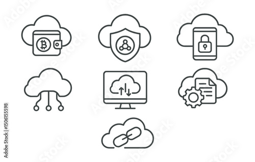 Line style icons of cloud computing: crypto cloud wallet icon, decentralized storage badge, tokenized access screen, Web3 connection symbol, crypto payment in portal, smart contract in cloud