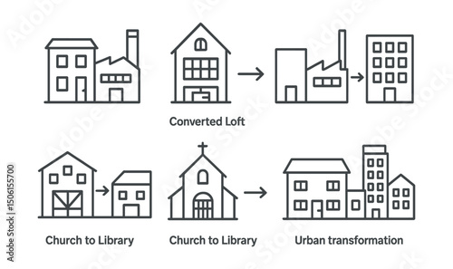 Line style icons of architecture and cities: adaptive reuse project, converted loft icon, old factory renewal, warehouse to office, church to library, barn into gallery, school to housing, urban