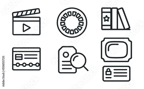 Line style icons of entertainment and media: show archive icon, full season badge, complete collection panel, series timeline view, search by year tag, vintage content symbol, episode vault card.