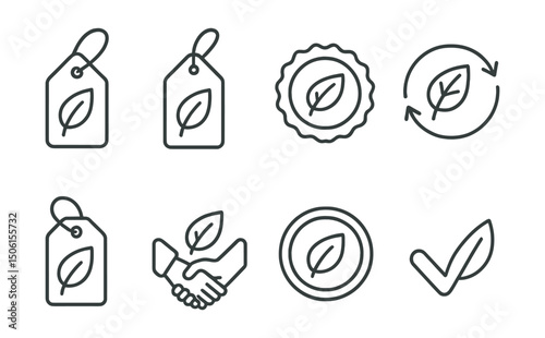 Line style icons of nature and ecology: eco label symbol, sustainable brand tag, green certification badge, circular economy icon, transparency leaf tag, ethical production mark, nature-safe stamp,
