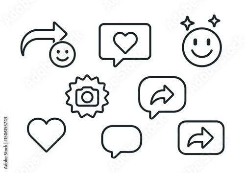Line style icons of entertainment and media: share reaction icon, live comment post, fan emoji overlay, express your moment badge, instant reply bubble, show love symbol, share now button.