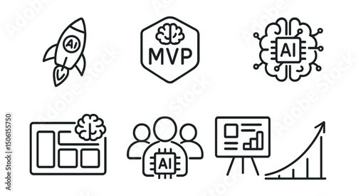 Line style icons of artificial intelligence: startup with AI icon, intelligent MVP badge, AI pitch deck layout, founder’s model board, early adoption users panel, startup growth curve