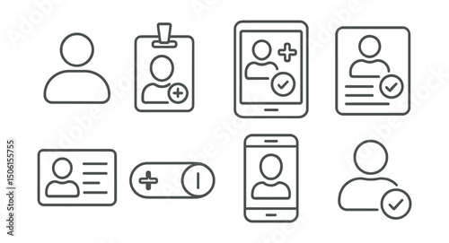 Line style icons of healthcare technology: user profile icon, patient avatar badge, custom treatment screen, personalized plan card, user ID with bio, care access toggle, mobile health user
