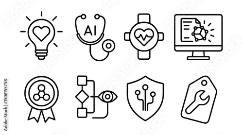 Line style icons of healthcare technology: innovation in care icon, AI-powered stethoscope, wearable monitor badge, breakthrough feature screen, clinical trial badge, smart diagnosis flow