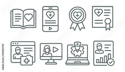 Line style icons of healthcare technology: learning module icon, medical course in app, healthcare microlearning badge, certification in progress, treatment knowledge base, telelearning screen