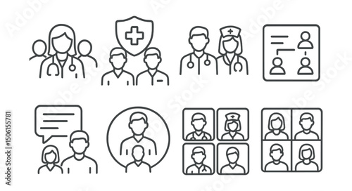 Line style icons of healthcare technology: care team icon, multi-provider badge, group of clinicians symbol, coordinated care panel, team chat board, roles in health platform, virtual provider circle