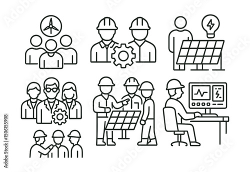 Line style icons of sustainable energy: sustainable energy team icon, engineers collaboration badge, R&D in renewables panel, energy lab group, field installation crew symbol, teamwork on-site icon