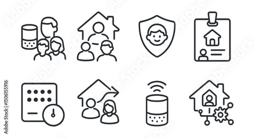 Line style icons of smart home technology: family voice profiles, multi-user settings, child safety controls, guest access badge, temporary access code icon, home profile switcher, voice recognition