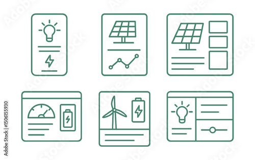 Line style icons of sustainable energy: wireframe of energy app, green UI prototype, interface draft for renewables, layout grid for solar control, low-fidelity sketch of dashboard