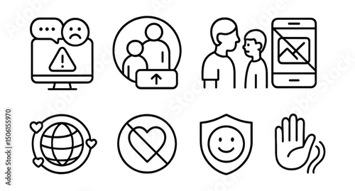 Line style icons of digital safety for kids: cyberbullying alert icon, support button symbol, talk to adult badge, screenshot protection icon, online kindness icon, no hate badge, emoji shield,