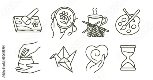 Line style icons of slow living practices: slow craft icon, embroidery hand, knitting with tea, paint for joy symbol, clay shaping hand, paper folding symbol, create without rush, hobby at pace.