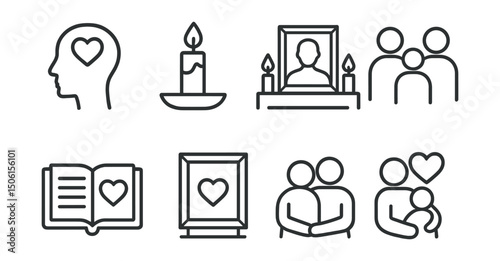 Line style icons of family memory archive: remember and honor icon, candle lighting badge, photo altar symbol, family tribute icon, shared memory journal, framed quote of loved one, remembering