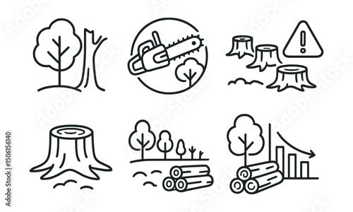 Line style icons of climate vocabulary: deforestation icon, chainsaw tree badge, clearcut zone symbol, illegal logging alert, tree stump icon, disappearing forest line, timber exploitation sketch,