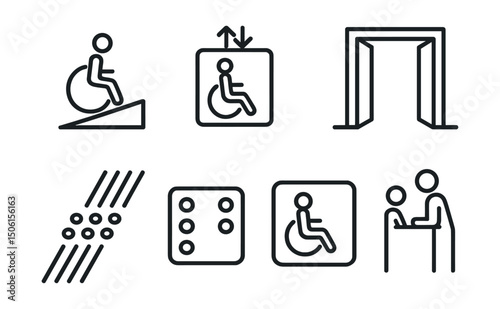 Line style icons of inclusive environments: wheelchair ramp icon, elevator with accessibility sign, wide doorway symbol, step-free entrance, tactile floor path, braille signage icon, accessible
