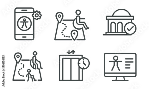 Line style icons of inclusive environments: transport app with accessibility settings, trip plan with assistance, station accessibility check, low-mobility route option, real-time elevator status,