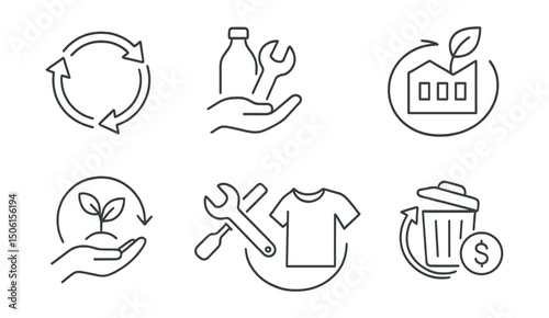 Line style icons of social entrepreneurship: circular economy icon, reuse and repair model, take-back program badge, zero waste production, regenerative business sketch, repair over replace symbol,