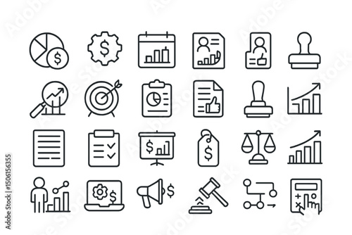 Line style icons of corporate budgeting: budget pie, department cost, annual plan, monthly allocation, executive report, forecast tool, quarterly targets, budget review, approval stamp, spending cap,