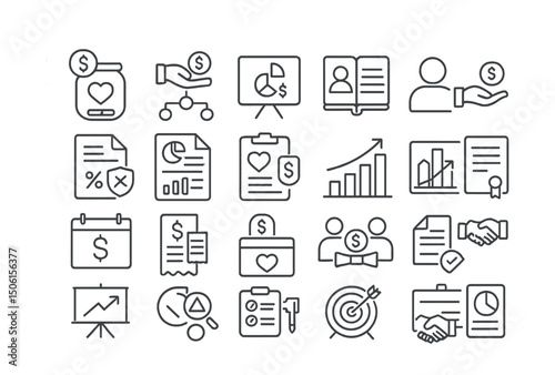 Line style icons of nonprofit finance: donation jar, fund allocation, transparency chart, nonprofit ledger, donor profile, tax exempt doc, financial summary, donation tracker, impact report,