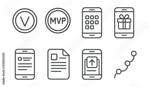 Line style icons of mobile app development: product version icon, MVP badge, app feature set, release package screen, bundle content layout, product spec sheet, upgrade product tab, roadmap for