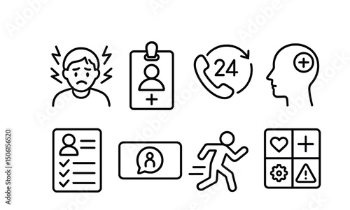 Line style icons of mental health and wellbeing: crisis support icon, emergency contact badge, 24/7 help line symbol, urgent care icon, safety plan card, “I need help” button, access support fast,