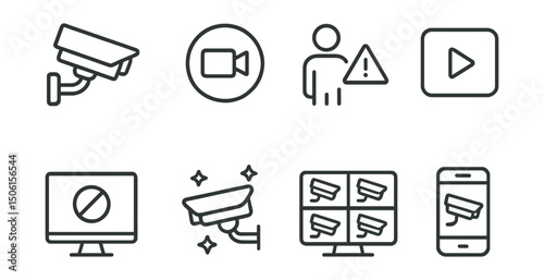 Line style icons of smart devices and IoT: security camera icon, real-time footage badge, motion detection alert, video playback icon, privacy shutter screen, night vision mode, camera group