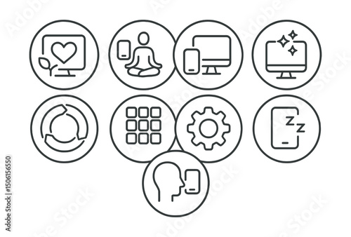 Line style icons of digital minimalism: tech with values icon, harmony with devices, aligned usage circle, digital space with purpose, simplified settings symbol, mindful device cycle, human-first