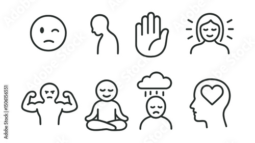 Line style icons of moods and emotions: playful wink, lonely silhouette, rejection hand, compassion aura, resilience icon, inner peace symbol, moody cloud over head, heart and head balance.
