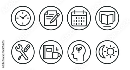 Line style icons of digital minimalism: analog hour icon, pen and paper badge, calendar on wall icon, book instead of screen, analog tools symbol, journal and tea, off-grid thinking icon, natural