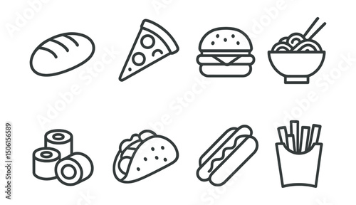 Line style icons of food and drink: loaf of bread, slice of pizza, hamburger icon, pasta bowl, sushi roll set, taco with filling, hot dog in bun, french fries in pack.