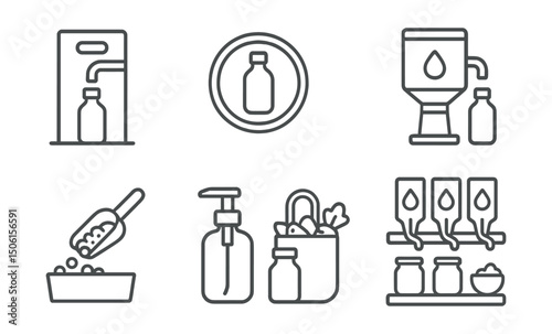 Line style icons of eco-friendly lifestyle: refill station icon, bring your bottle badge, liquid refill machine, bulk store scoop symbol, glass jar with pump, refill your own container, waste-free
